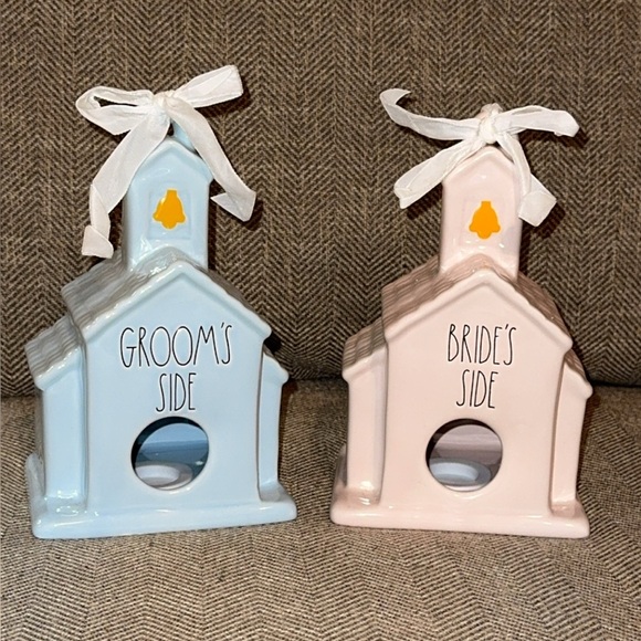 RAE DUNN Bridal/Wedding SET OF 2 Bride and Groom Ceramic Birdhouses - Picture 1 of 5